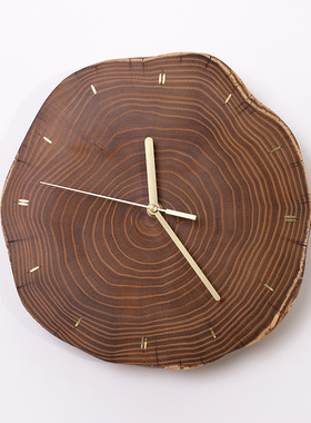 原木圆形挂钟时钟挂墙现代简约卧室客厅民宿侘寂复古实木钟表静音