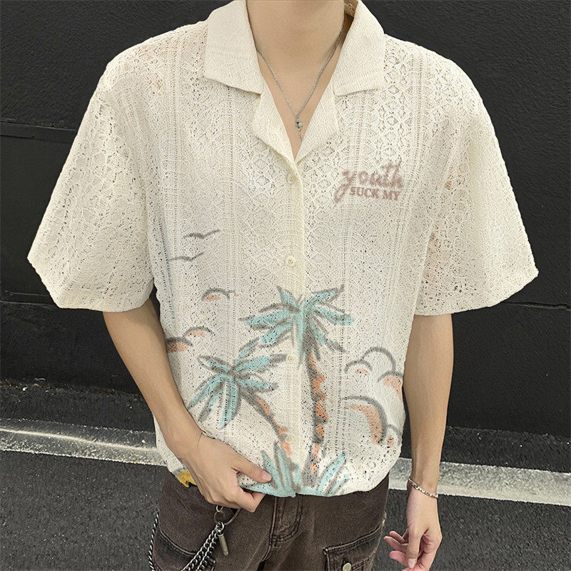 2025新款潮牌手绘椰树古巴领衬衫短袖夏季慵懒风小众透气男女衬衣