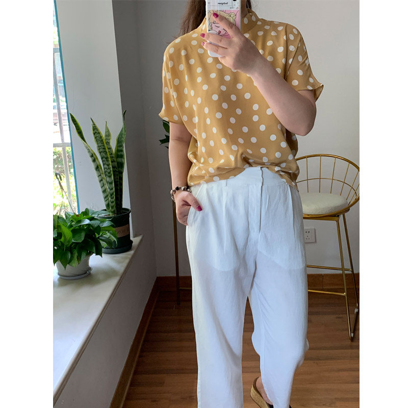 2023夏季港味女式衬衫复古波点时尚chic立领蝙蝠袖真丝衫上衣女