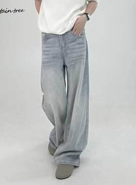 mountain tree冰川蓝小众设计高级cleanfit垂感宽松阔腿牛仔裤男