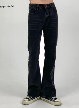 平替黑灰色微喇牛仔裤男新款高腰小个子显瘦马蹄裤喇叭裤子