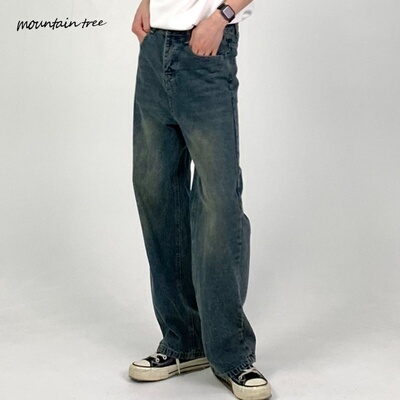 2023秋季百搭原创新品宽松直筒深蓝复古水洗做旧牛仔裤男女阔腿裤