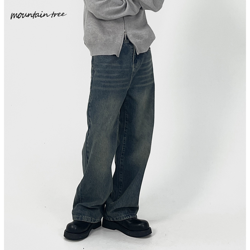 复古做旧微喇牛仔裤美式高街中高腰直筒拖地喇叭裤男宽松休闲