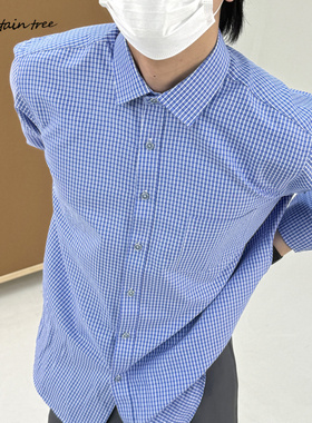 mountain tree棉质轻薄格子衬衫宽松高知风慵懒松弛蓝色百搭衬衣