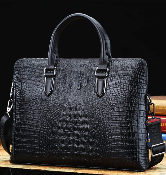 史蒂芬皮匠男士鳄鱼纹手提包单肩斜跨电脑商务公文包黑色百搭休闲