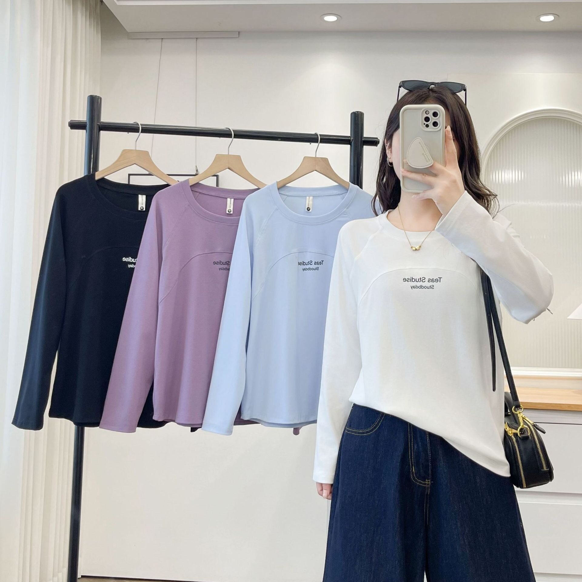 2026秋棉衫大码女显瘦圆领打底衫印花休闲衫拼接内搭胖妹上衣8297