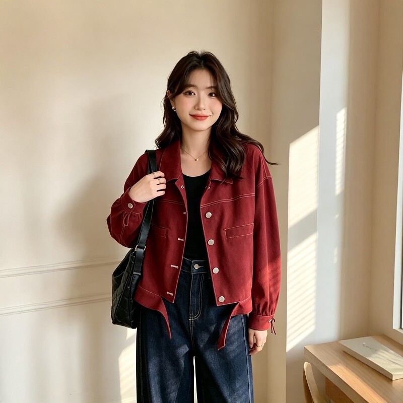 大码胖mm初秋设计感不规则下摆外套暗红色短款宽松女潮外套3173