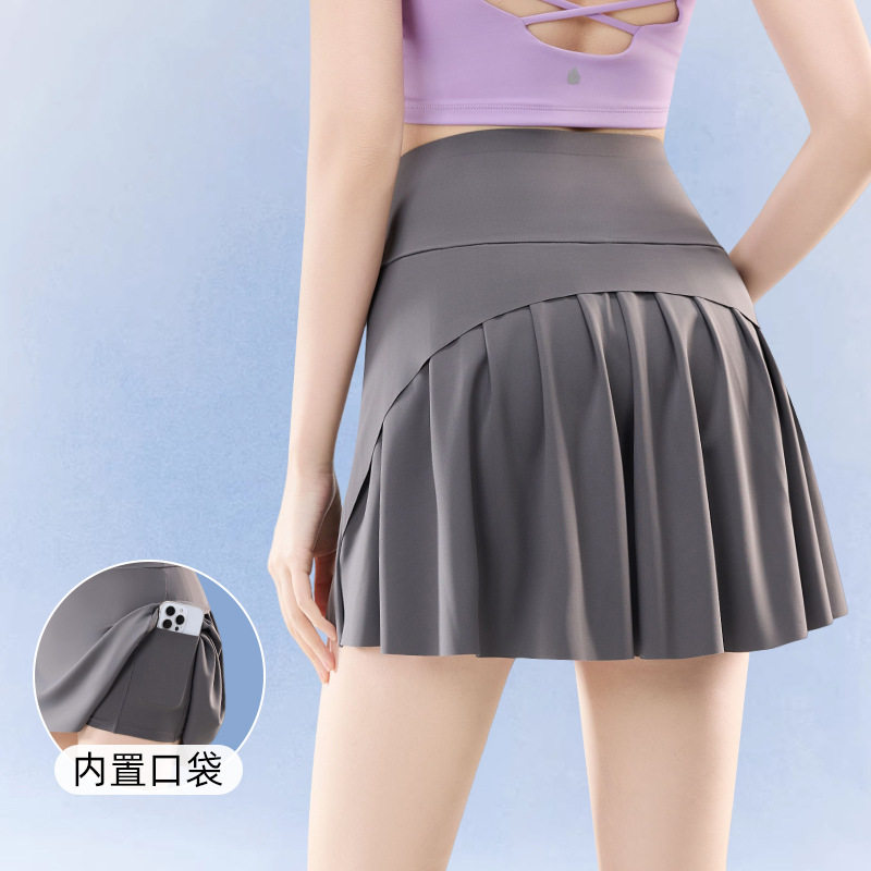 灰色高腰运动短裙夏季运动网球口袋瑜伽半身裙假两件防走光款