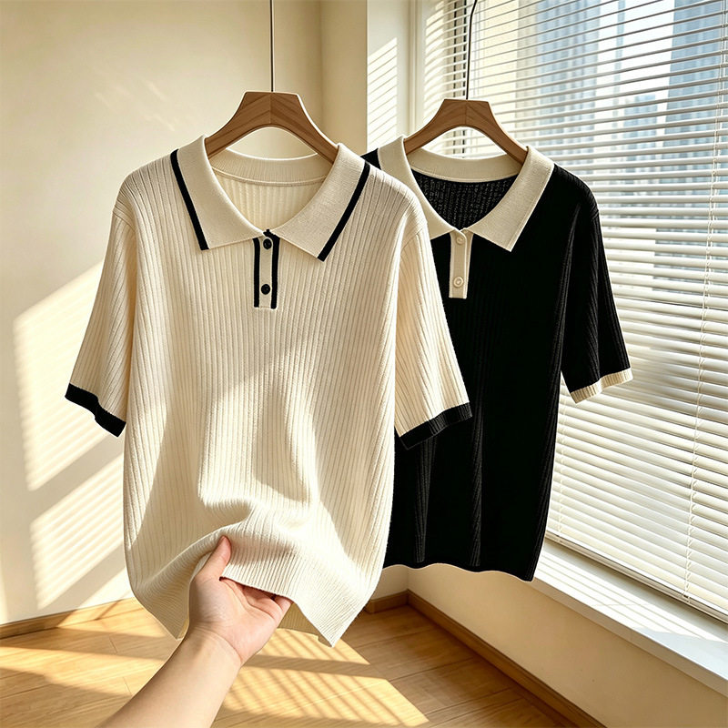大码胖妹妹上衣新款遮肚巨好看撞色针织衫正肩POLO领女夏装9200