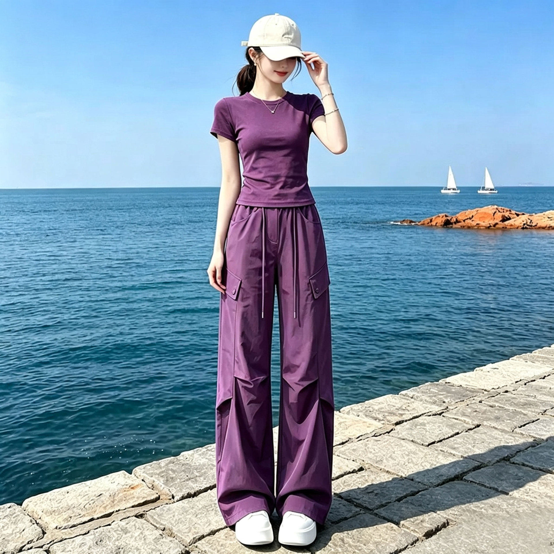 欧货紫色短袖t恤工装长裤休闲运动套装女2026夏季新款穿搭一整套