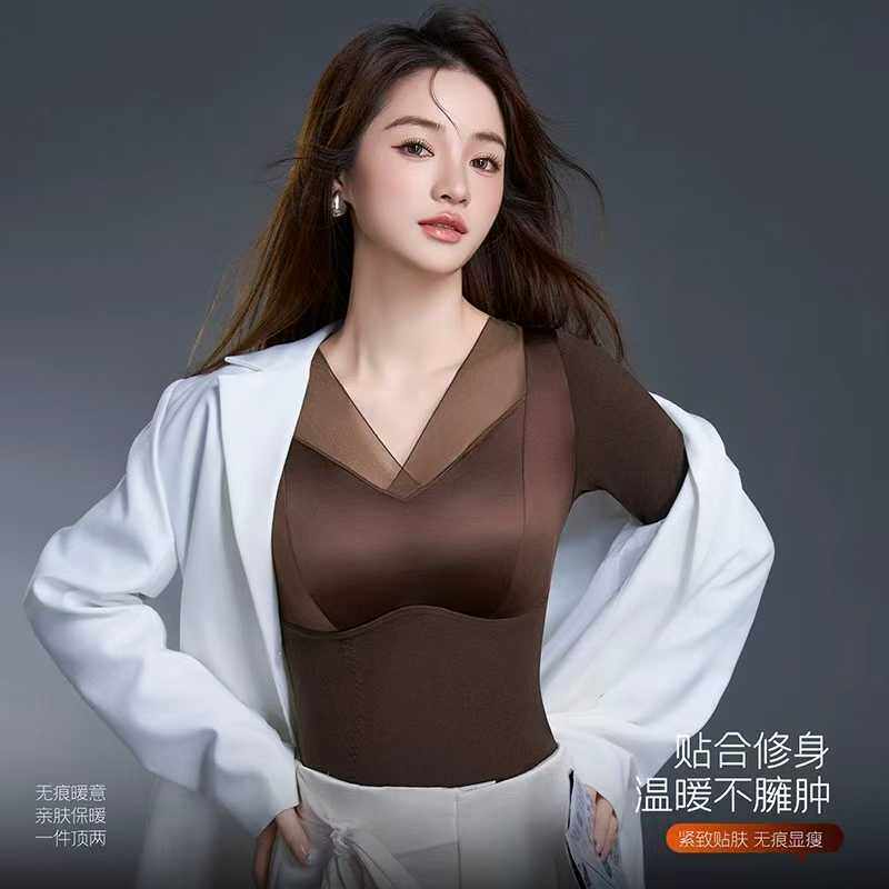 厂家直销跨境爆款网纱缎面羽绒蚕丝贴片内衣保暖长袖内搭女士秋冬