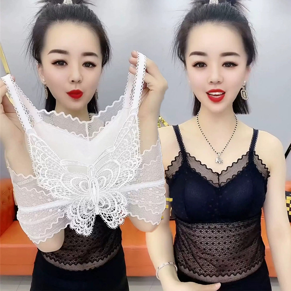 爆款轻奢风女士吊带小背心锁骨蕾丝性感短款网红直播胸挡防走光