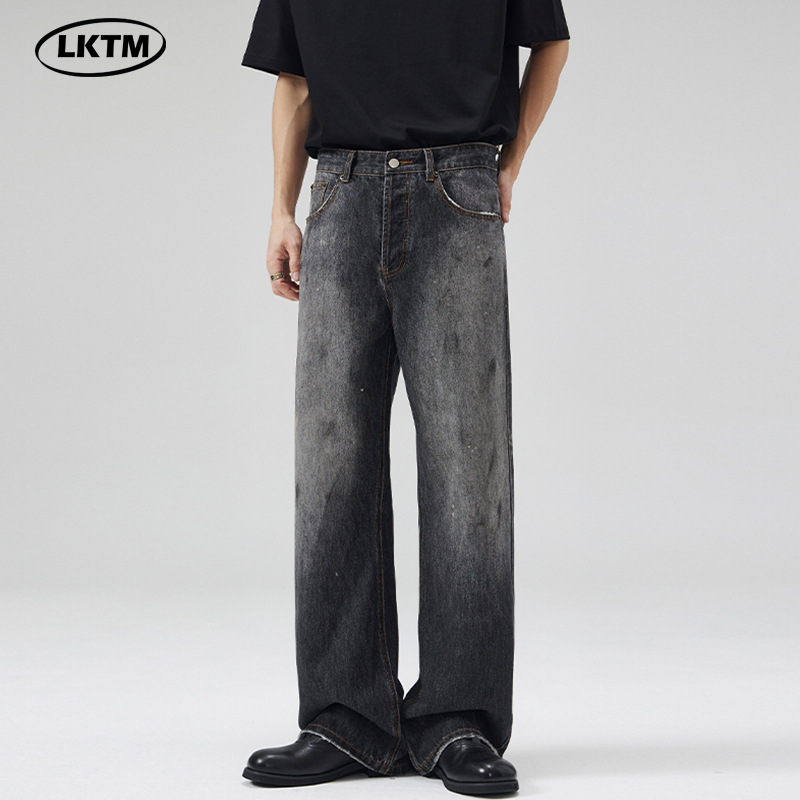 LKTM男装#AC风格2021M版型黑色泼墨设计微喇牛仔裤男女同款