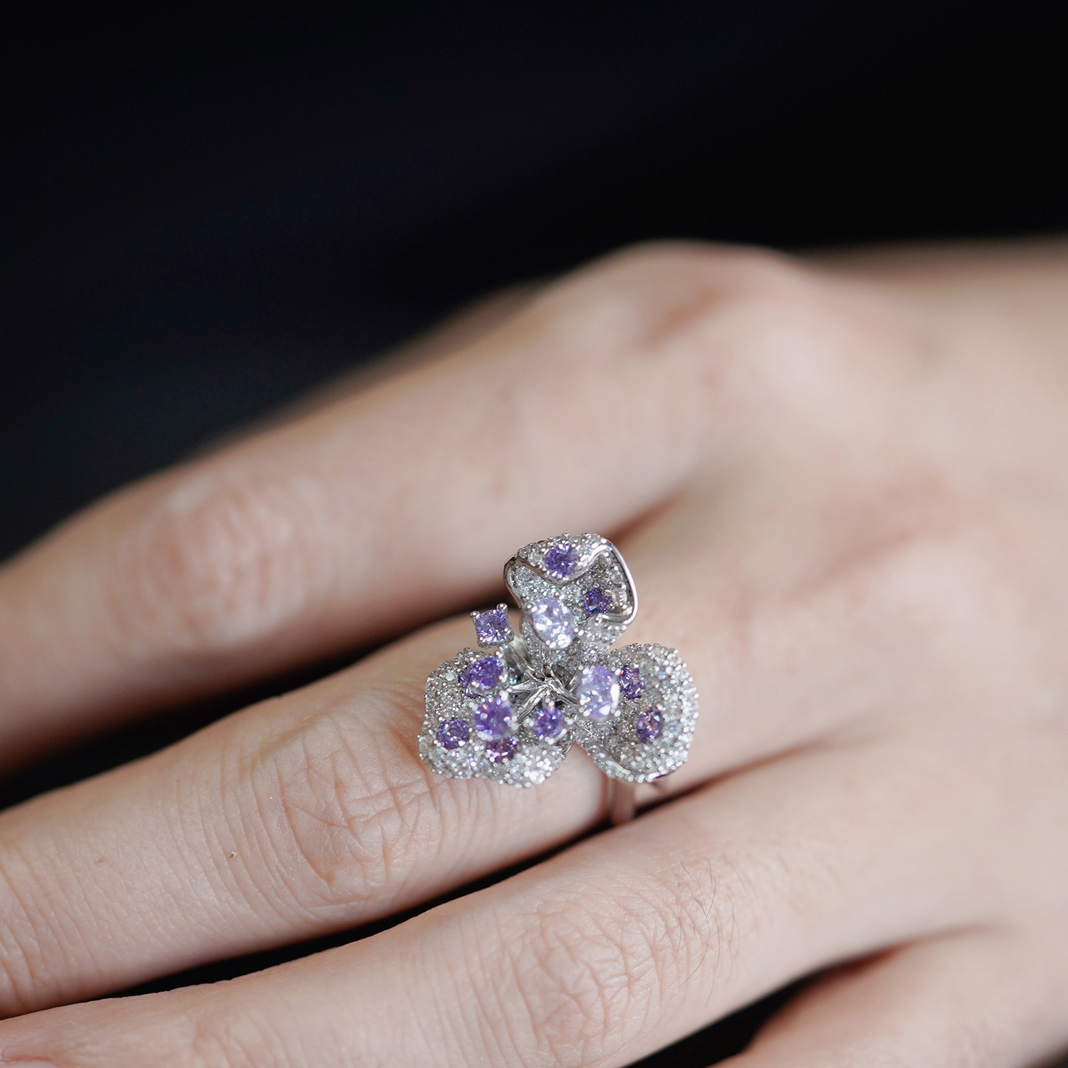 喻棠italks|霞光|925银镀金满钻花卉戒指粉色设计款港工闪耀