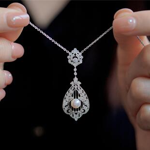 喻棠italks 925银镀金天然淡水珍珠项链女复古碌珠边 镜花摇曳