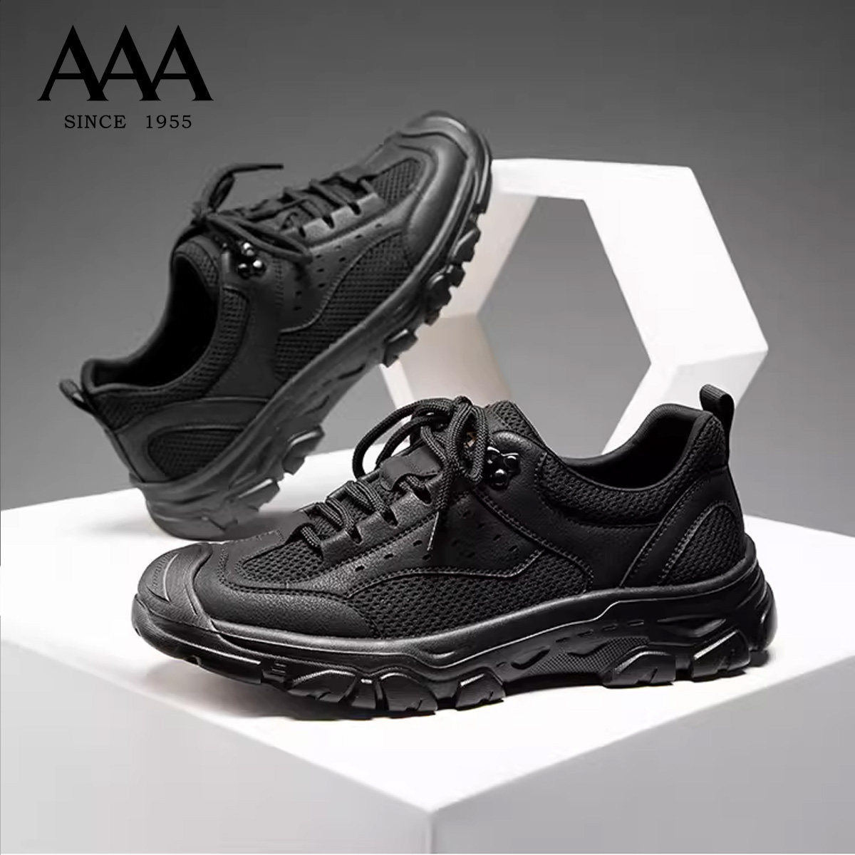 AAA正品男鞋黑色厚底运动鞋透气耐磨户外鞋皮革网面拼接休闲男鞋