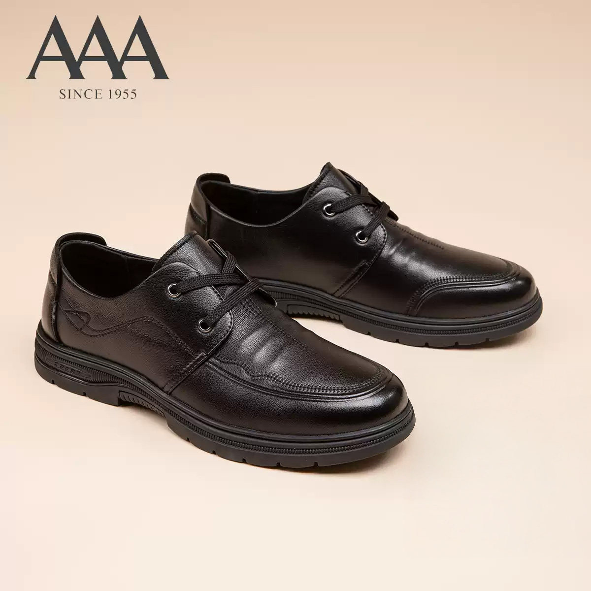 AAA正品男鞋黑色系带商务休闲皮鞋防皱纹平跟商务风正装办公皮鞋