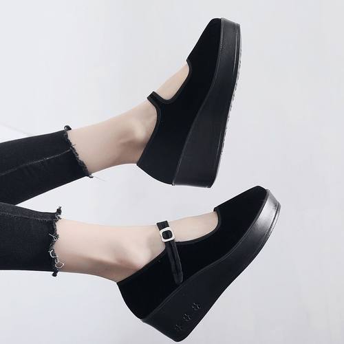 老北京布鞋女士高跟鞋黑色单鞋工作布鞋舒适松糕鞋舞蹈鞋妈妈鞋