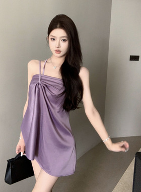 紫色不规则缎面吊带背心女外穿夏季纯欲热辣妹抹胸一字肩上衣轻薄