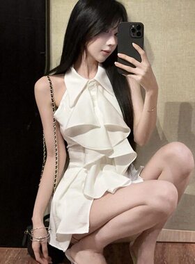 2026新款法式小众夏季纯欲衬衫荷叶边露肩无袖上衣女性感辣妹小衫