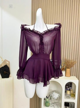 紫色一字领系带衬衫短裙收腰气质衬衣御姐感露长袖上衣百搭纯欲潮
