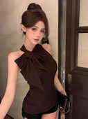 小众辣妹显瘦复古咖色chic上衣 背心女夏季 卡其蝴蝶结修身 挂脖无袖
