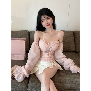 修身 女装 法式 上衣 显瘦雪纺露肩纯欲抹胸衬衫 2025春秋季 长袖 新款