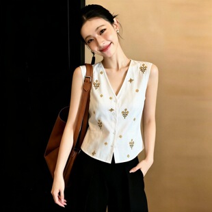 2026新款重工刺绣白色亚好看无袖上衣女高级感v领马甲坎肩背心