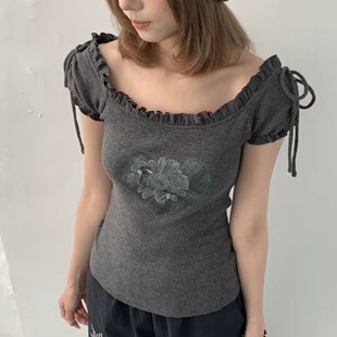 千禧风y2k爱心上衣女一字肩修身显瘦短款爱心T恤抽绳短袖体恤女夏