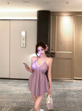 紫色v领重工水钻钉珠露肩挂脖吊带裙女装夏季气质性感纯欲连衣裙