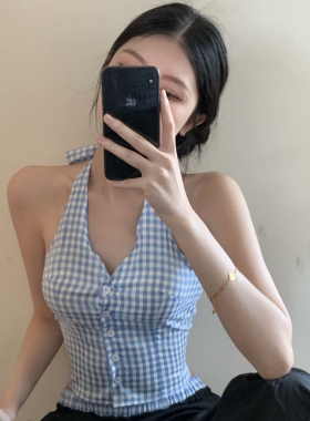 夏春季新款蓝色格子露背挂脖吊带背心夏季辣妹打底上衣外穿