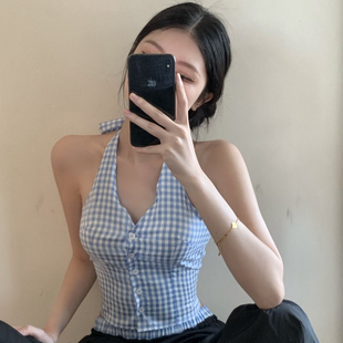 夏春季新款蓝色格子露背挂脖吊带背心夏季辣妹打底上衣外穿