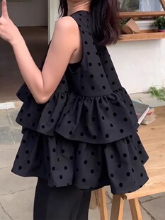 2026新款小个子黑色波点荷叶边无袖背心衫女夏季外穿修身显瘦上衣