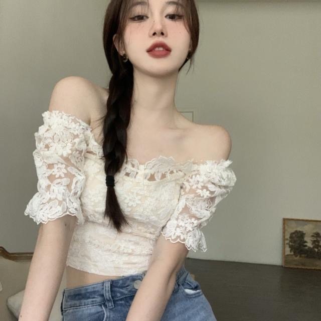 一字肩两穿法式复古蕾丝花边一字秀短袖衬衫女夏新设计感小众上衣