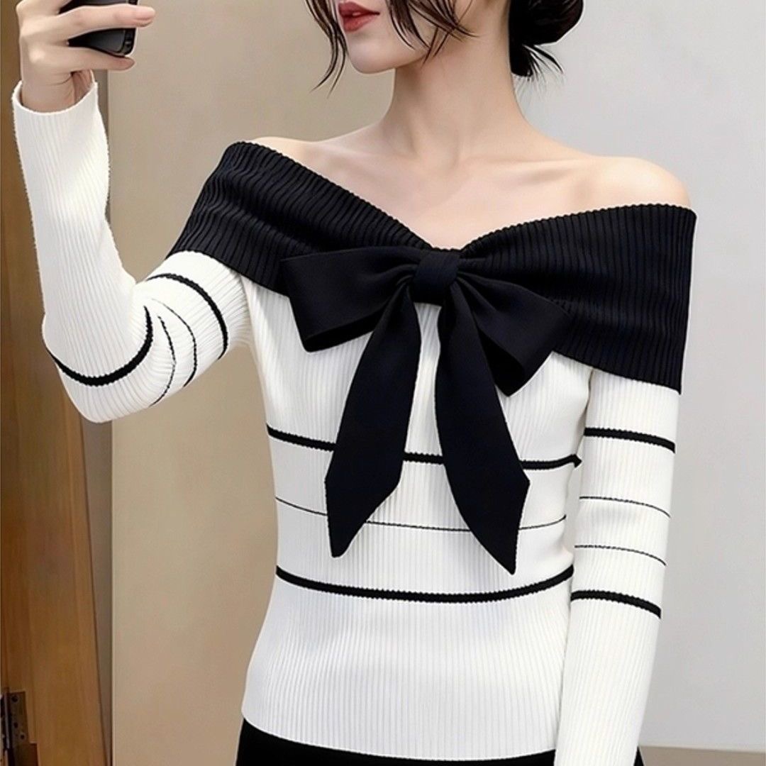 2025新款法式复古气质名媛高级感小众设计感一字肩针织衫女上衣