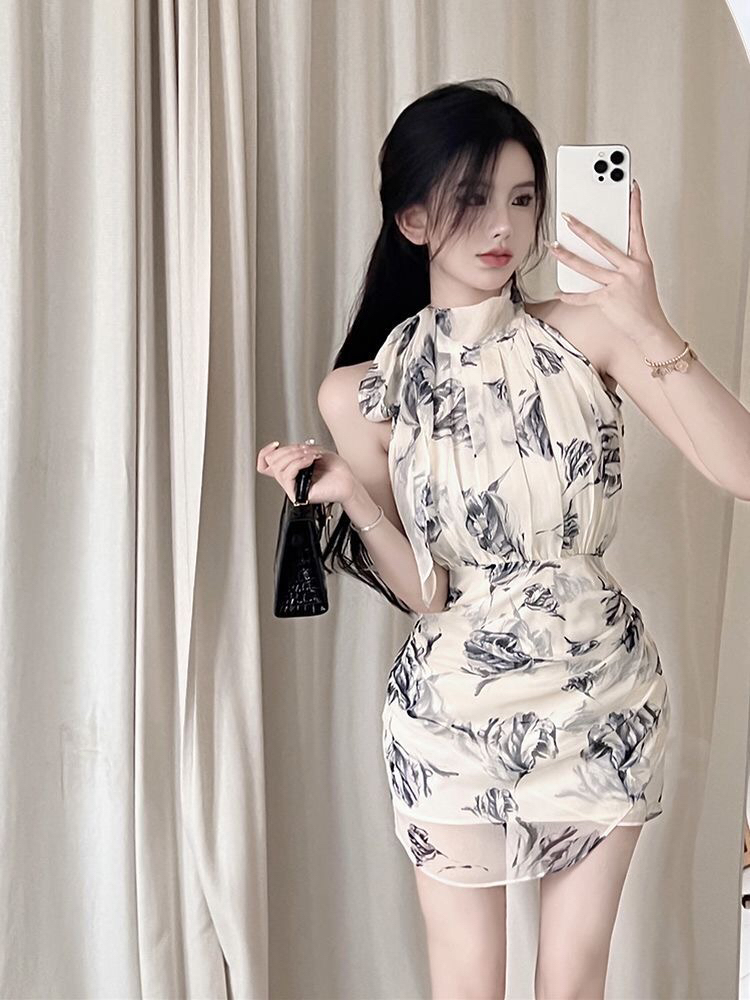 新中式绑带雪纺连衣裙女夏季短裙无袖辣妹高级感收腰包臀裙子