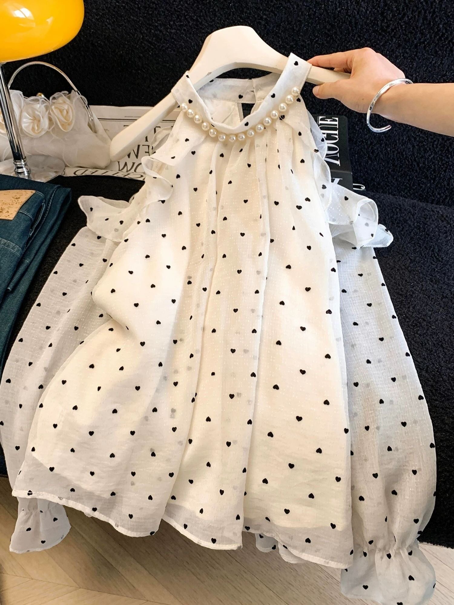 仙仙法式珍珠挂脖波点雪纺衬衫女春纯欲漂亮露肩荷叶边小衫薄上衣