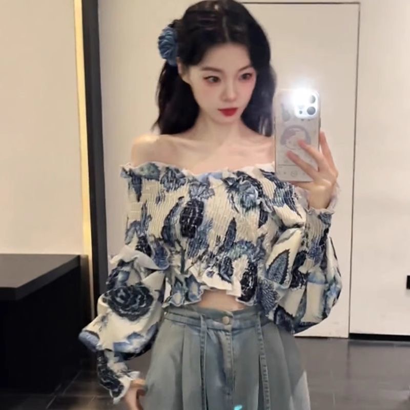 2025新款法式复古气质名媛高级感小众设计感一字肩长袖衬衫女上衣