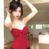 美背背心红色 无袖 2025新款 红色辣妹性感蝴蝶结抹胸上衣女外穿夏季