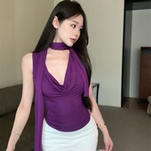 背心女上衣外穿 复古气质名媛高级感挂脖飘带荡领无袖 2026新款 法式