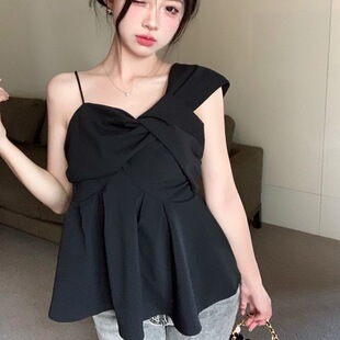 2026新款韩版不规则斜领心机露肩显瘦背心衬衫上衣女夏设计感小众
