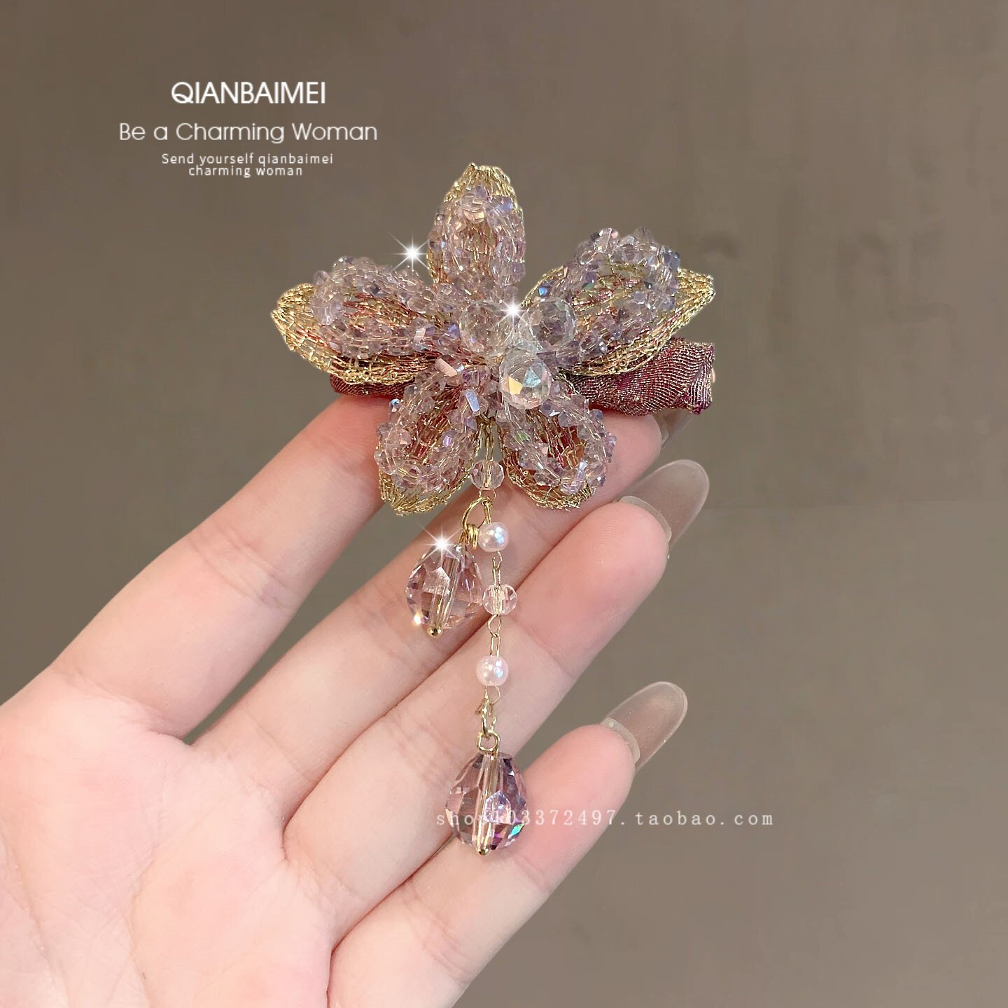 超仙水晶花朵边夹女流苏发夹鸭嘴夹子轻奢高级感中长发头饰刘海夹