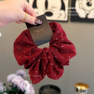 韩系波点大肠圈软糯针织红色复古发圈头饰女款 甜美扎马尾头圈发绳