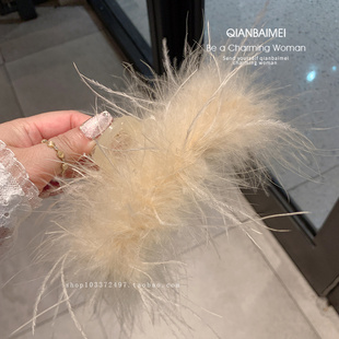 韩系甜美气质发夹女鸵鸟毛绒大号鲨鱼夹盘发抓发超仙发卡夹子头饰