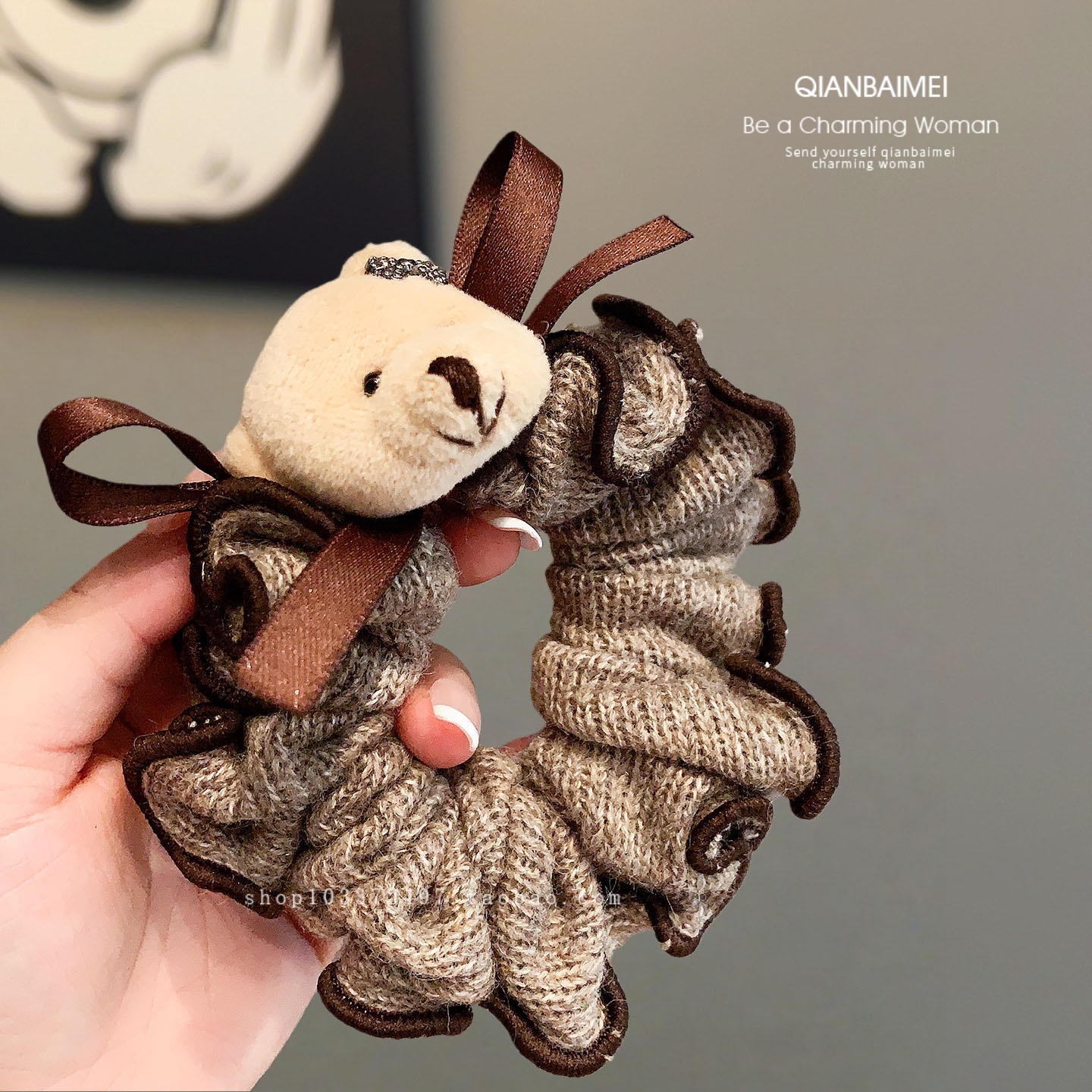 甜美小熊毛绒褶皱花边发圈