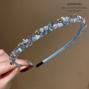 小清新浅蓝色水晶发箍细边百搭2024年新款潮网红发卡高级感头箍女