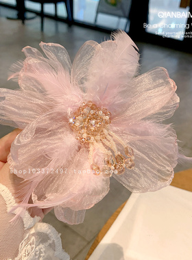 超仙欧根纱大号花朵发夹氛围感发饰羽毛水晶串珠流苏侧边夹鸭嘴夹