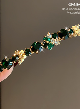 复古绿色水钻一字弹簧夹高级感精致水晶边夹刘海夹子发卡头饰发夹