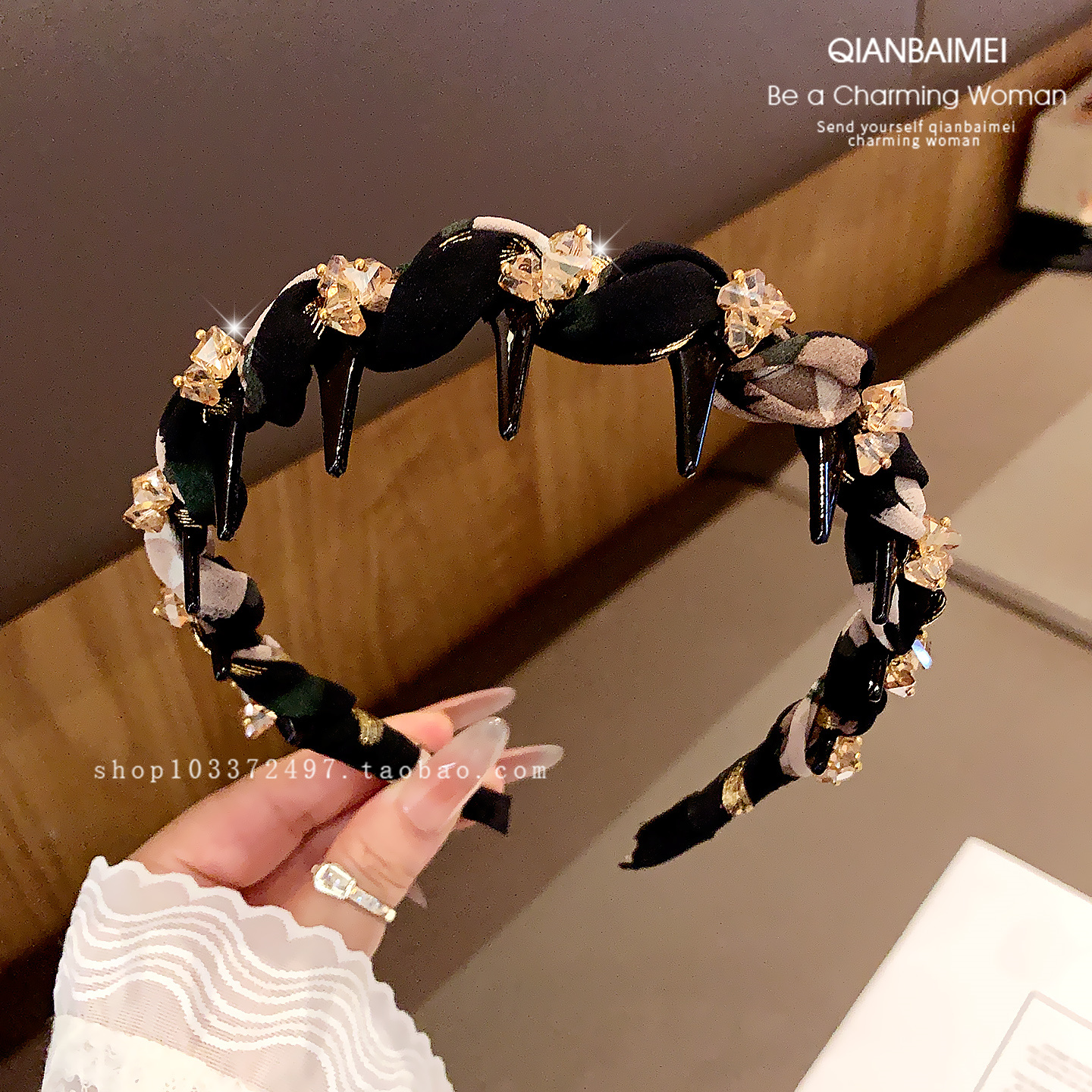 晕染布艺缠绕防滑发卡轻奢水晶防滑头箍气质成人发饰高颅顶发箍女