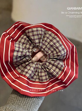 韩版红色大肠发圈格纹撞色条纹拼接头圈发绳甜美小众高颜值头绳女